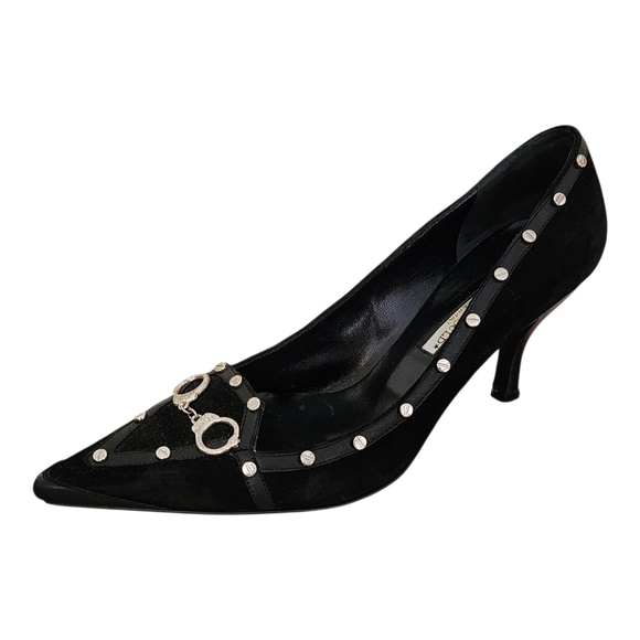 Hollywould Shoes - Hollywould Black Suede Leather Studded Handcuff Heels Pumps Made Italy Size 9.5